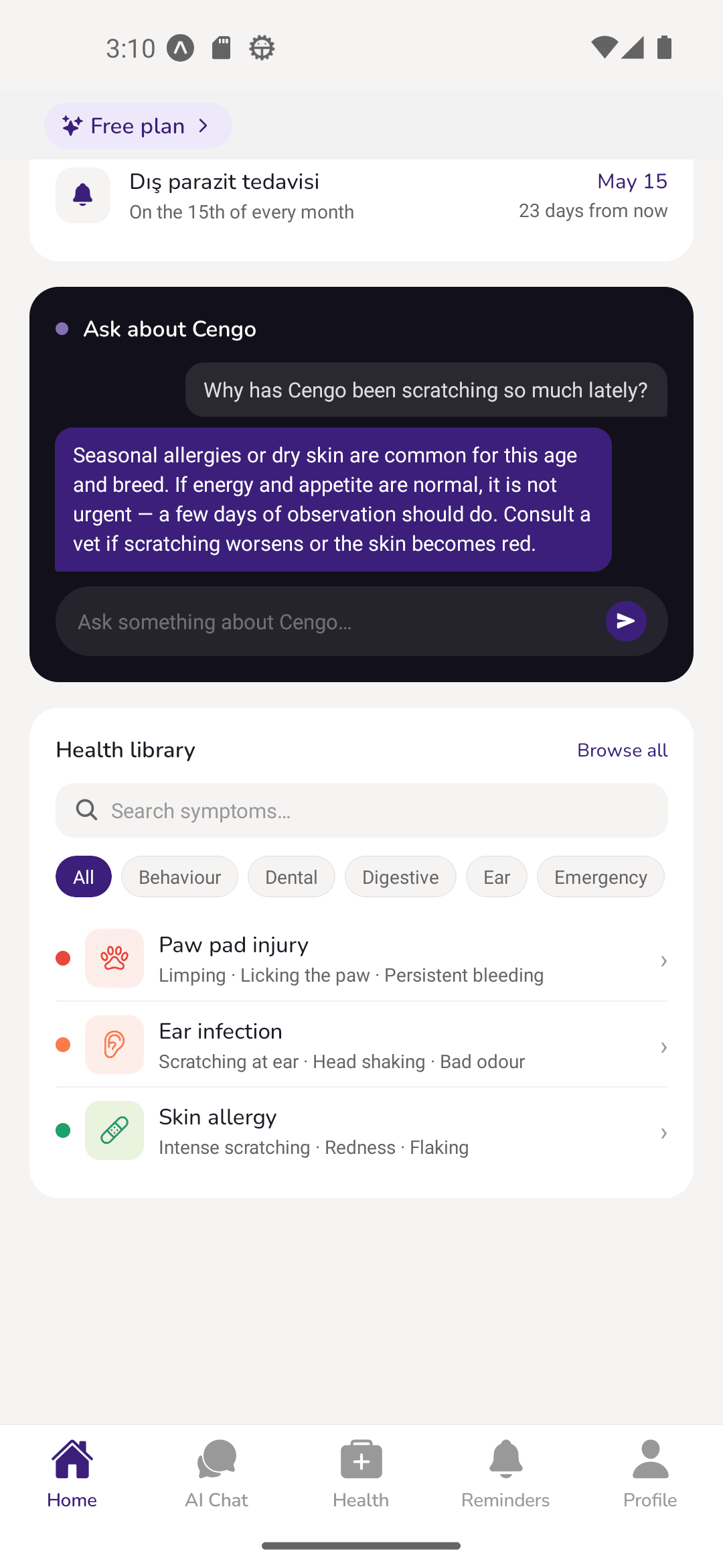 Health Guidance - Pavlov pet care app screen