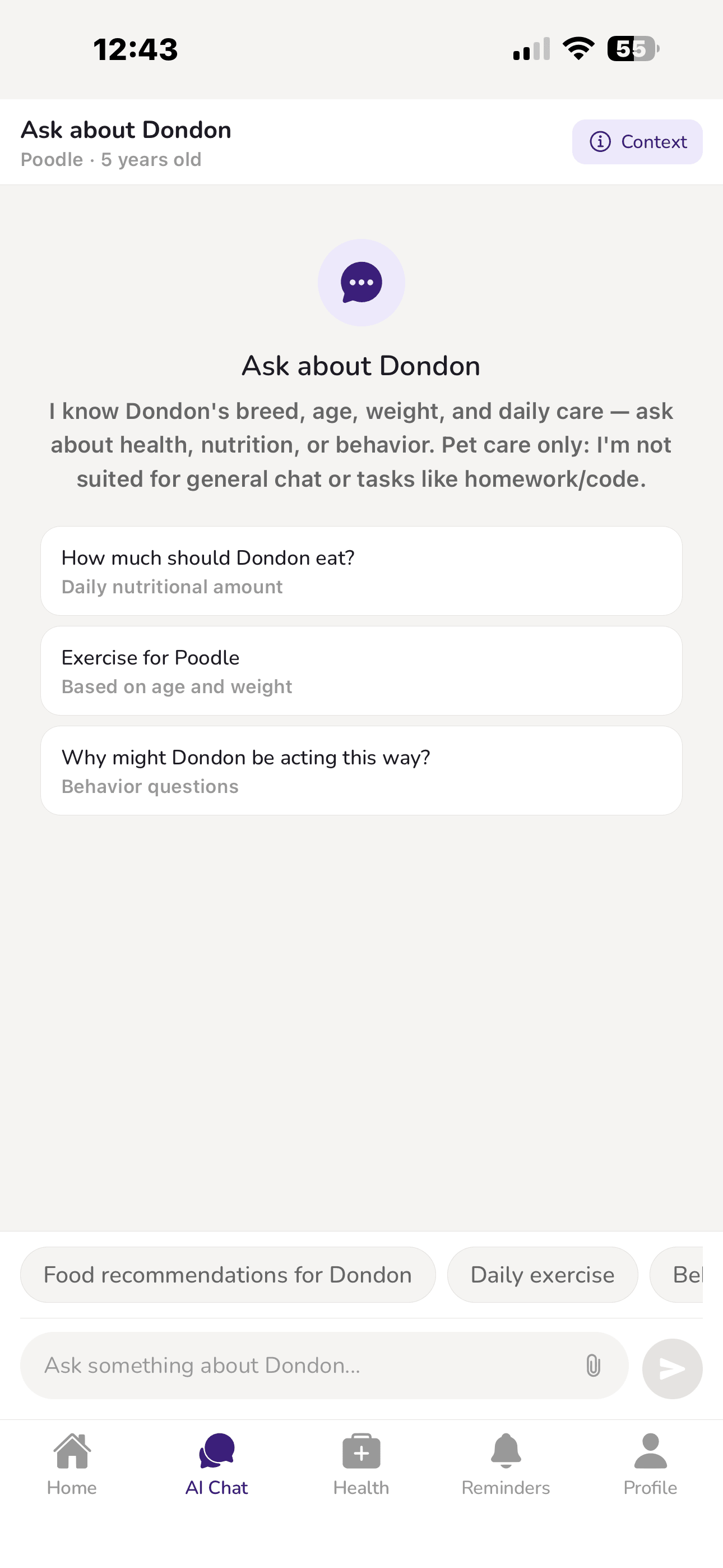 Ask an AI pet assistant anytime - Pavlov pet care app screen