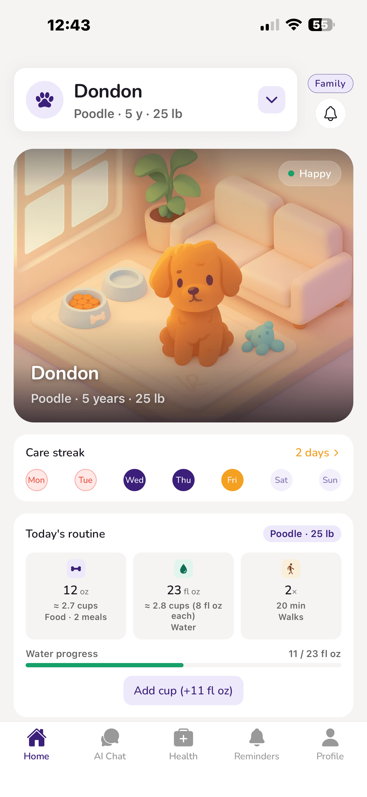 Pavlov pet care app home screen for dog and cat care