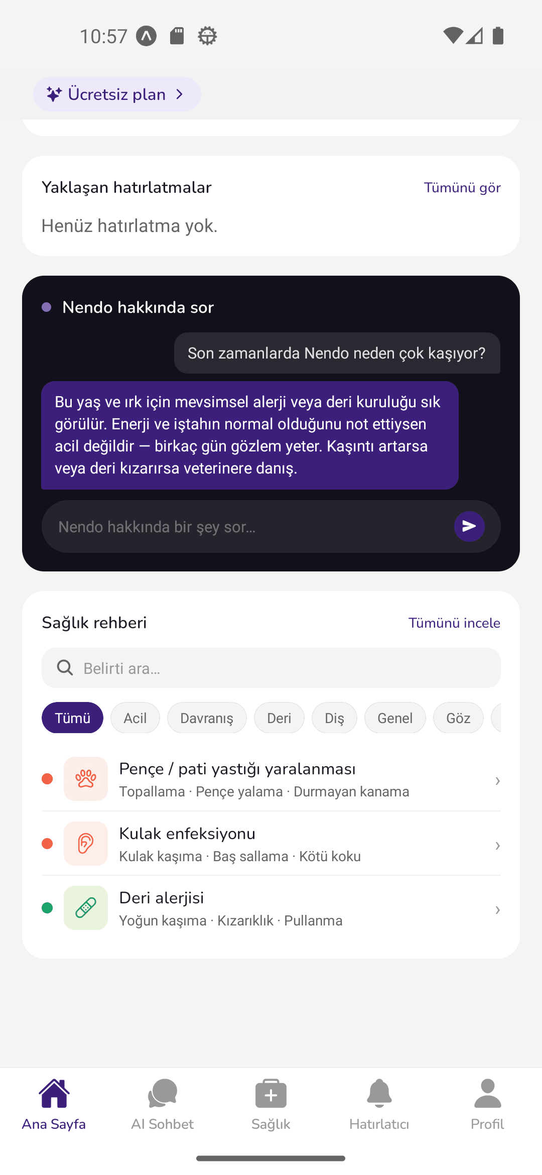 Sağlık Rehberliği - Pavlov evcil hayvan bakım uygulaması ekranı